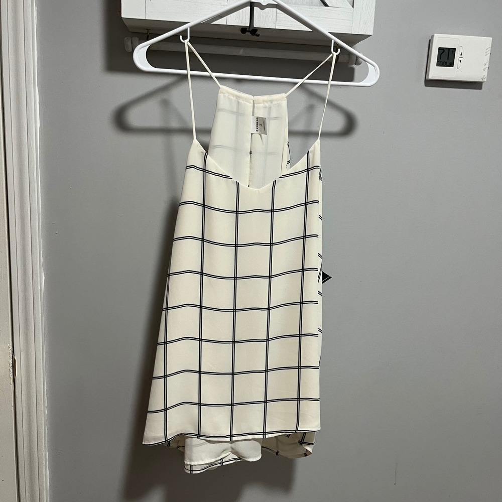 Express Geometric Grid Pattern Cami Top Spaghetti Strap Off-White Black Large